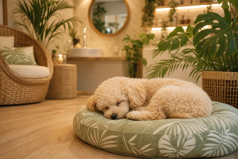 サロンのクッションで安心して眠る子犬