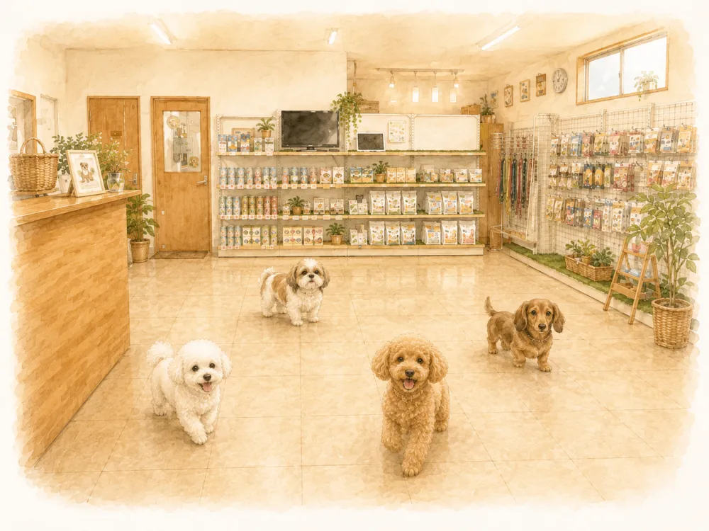 ケージフリーの店内を自由に過ごすワンちゃんたち（本店）